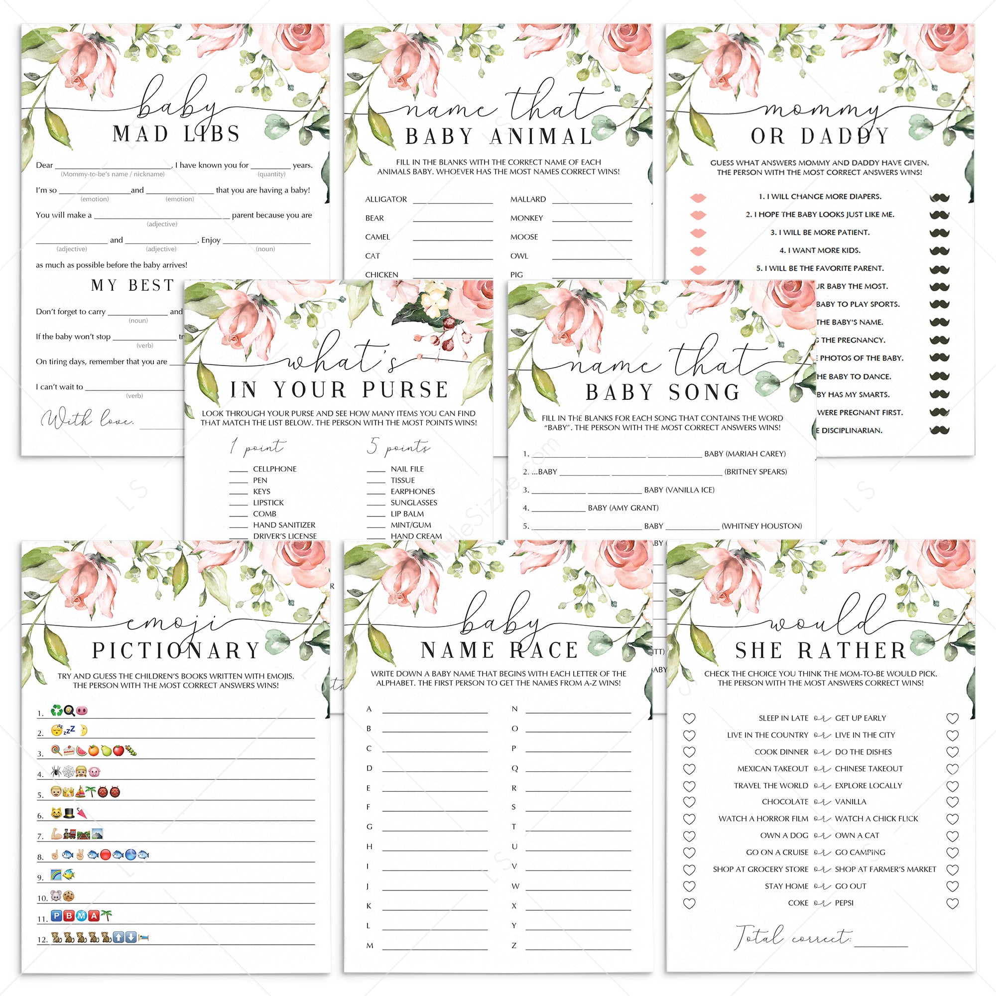 Blush floral baby party games package printable by LittleSizzle