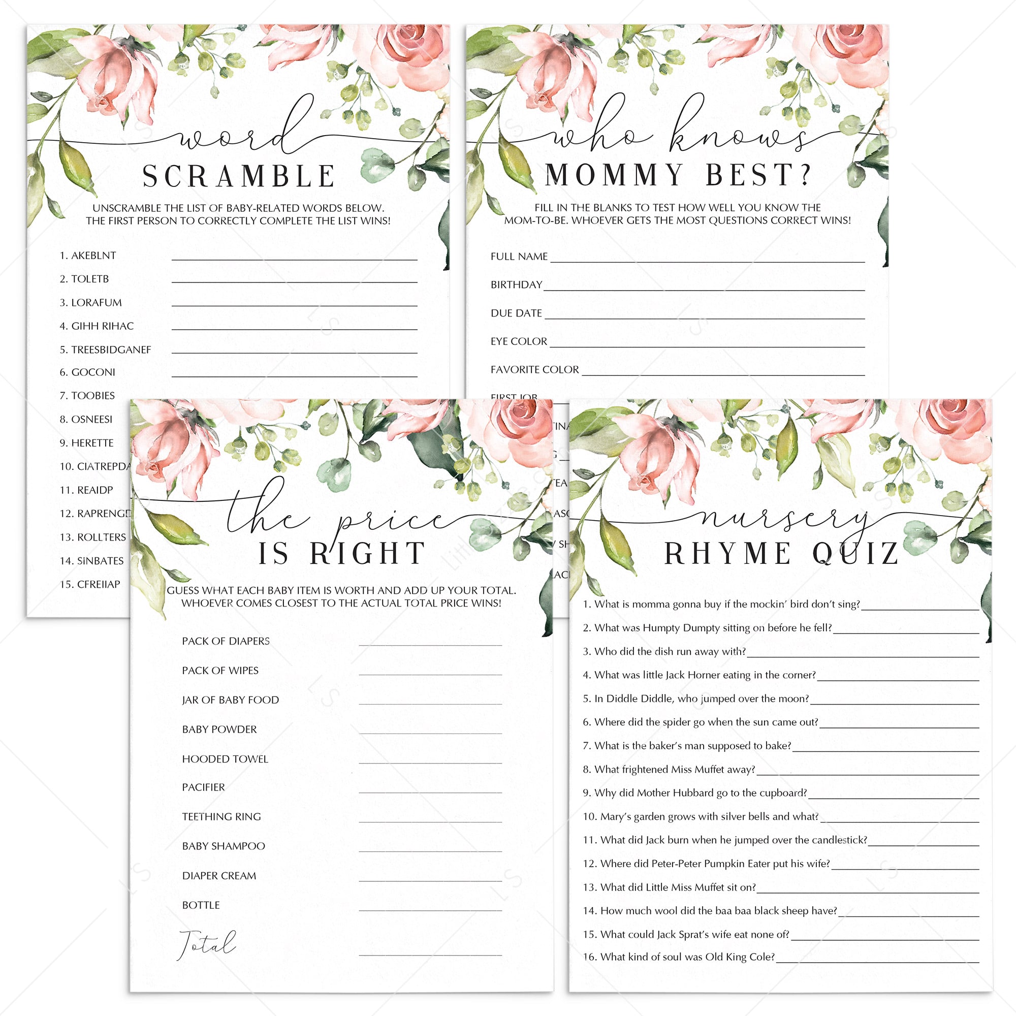 Blush baby shower games pack printable by LittleSizzle