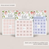 Blush Floral Baby Bingo Cards Prefilled, Blank and Game Template