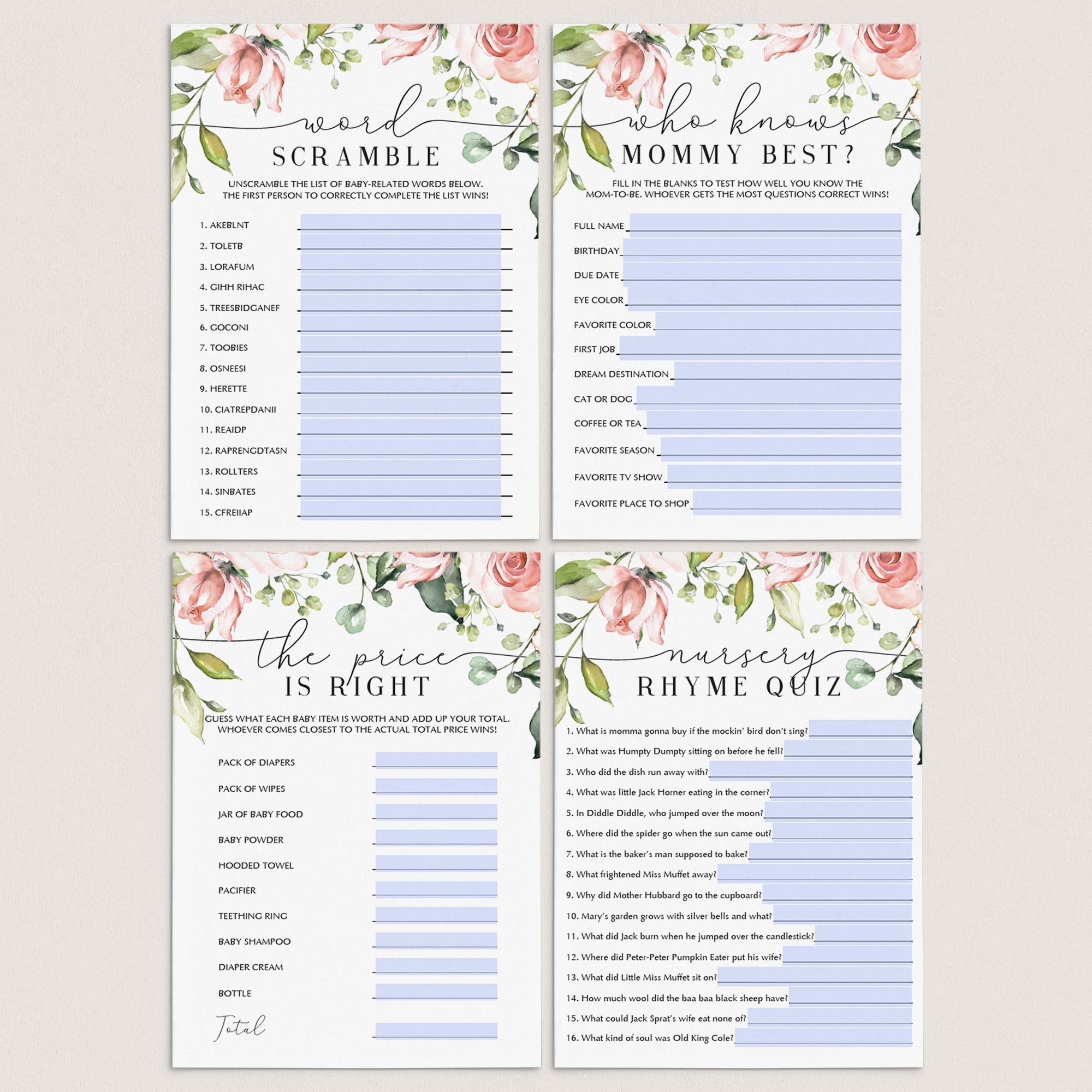 Floral baby shower game bundle for zoom by LittleSizzle