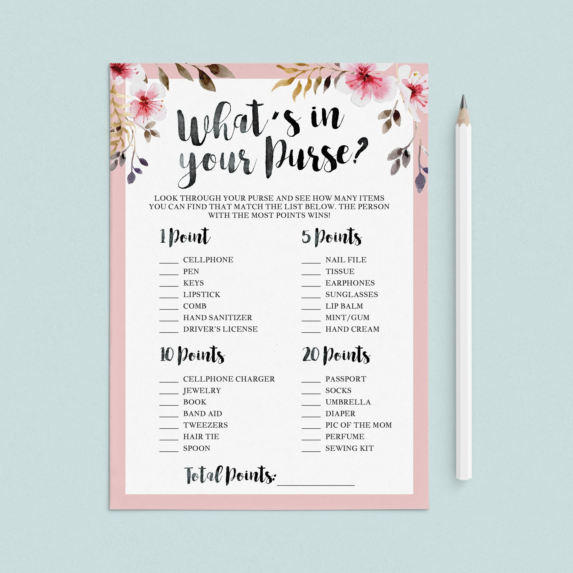 What's in your purse baby shower game pink floral by LittleSizzle