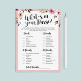 What's in your purse baby shower game pink floral by LittleSizzle