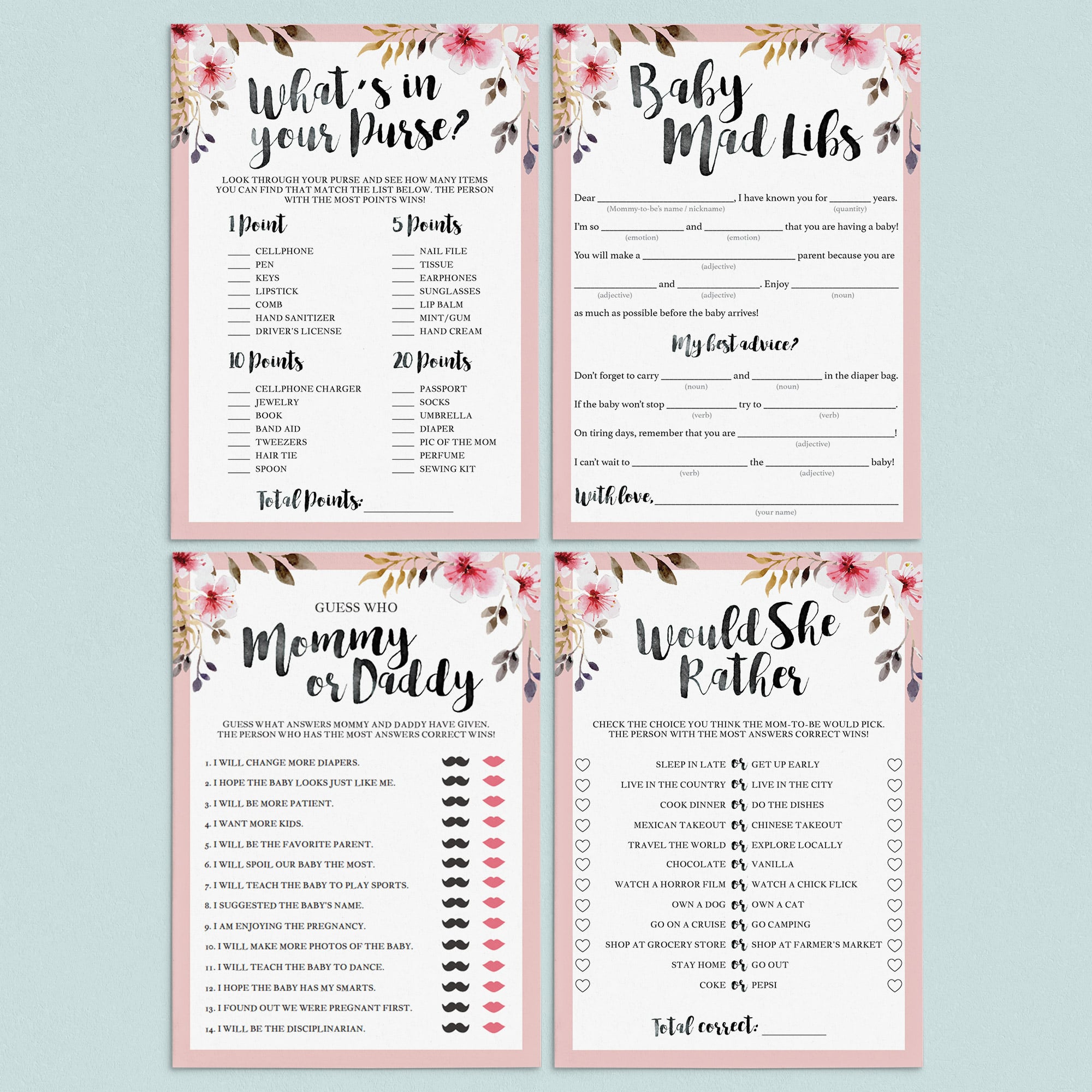 Florals baby shower games printable package by LittleSizzle