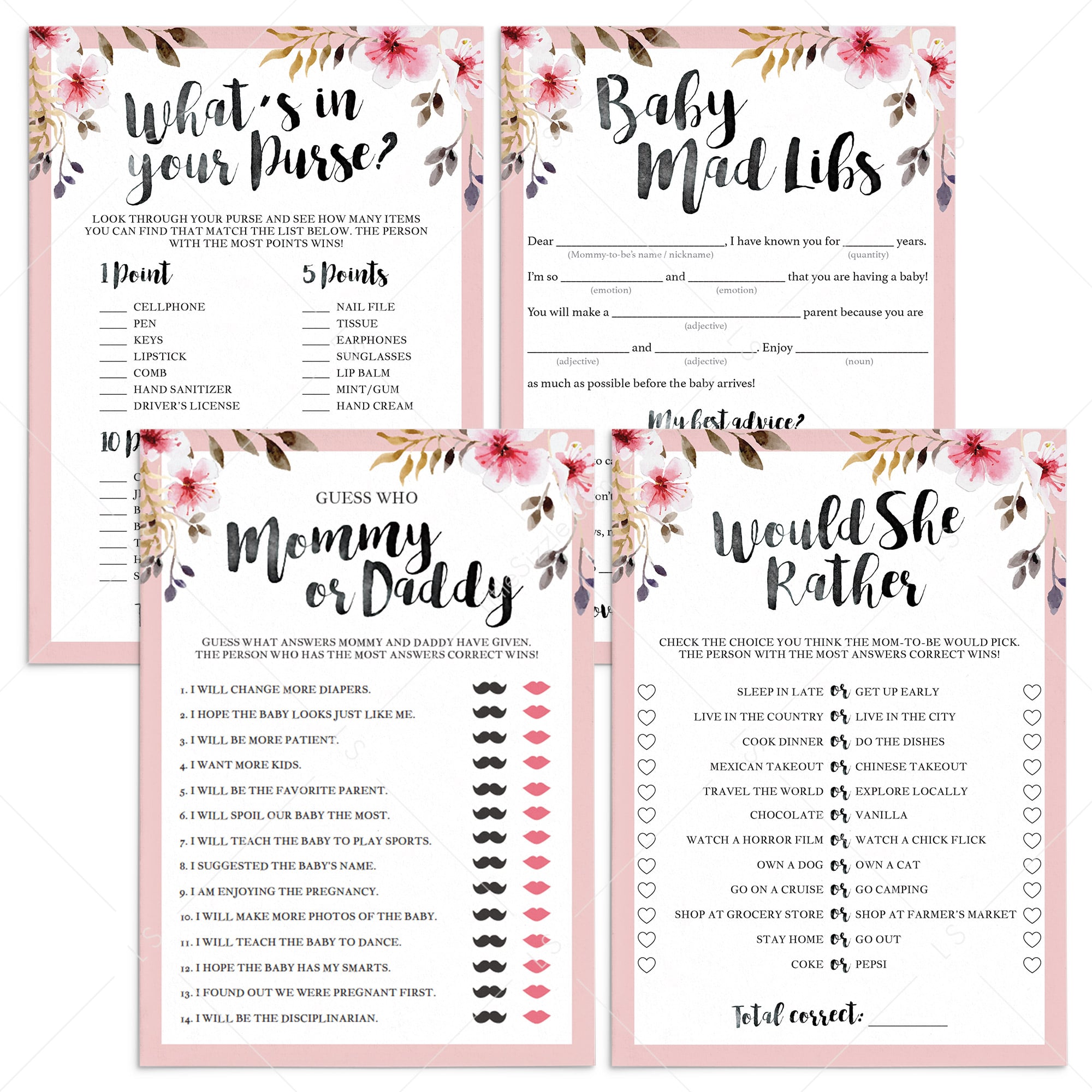 Florals baby shower games printable package by LittleSizzle