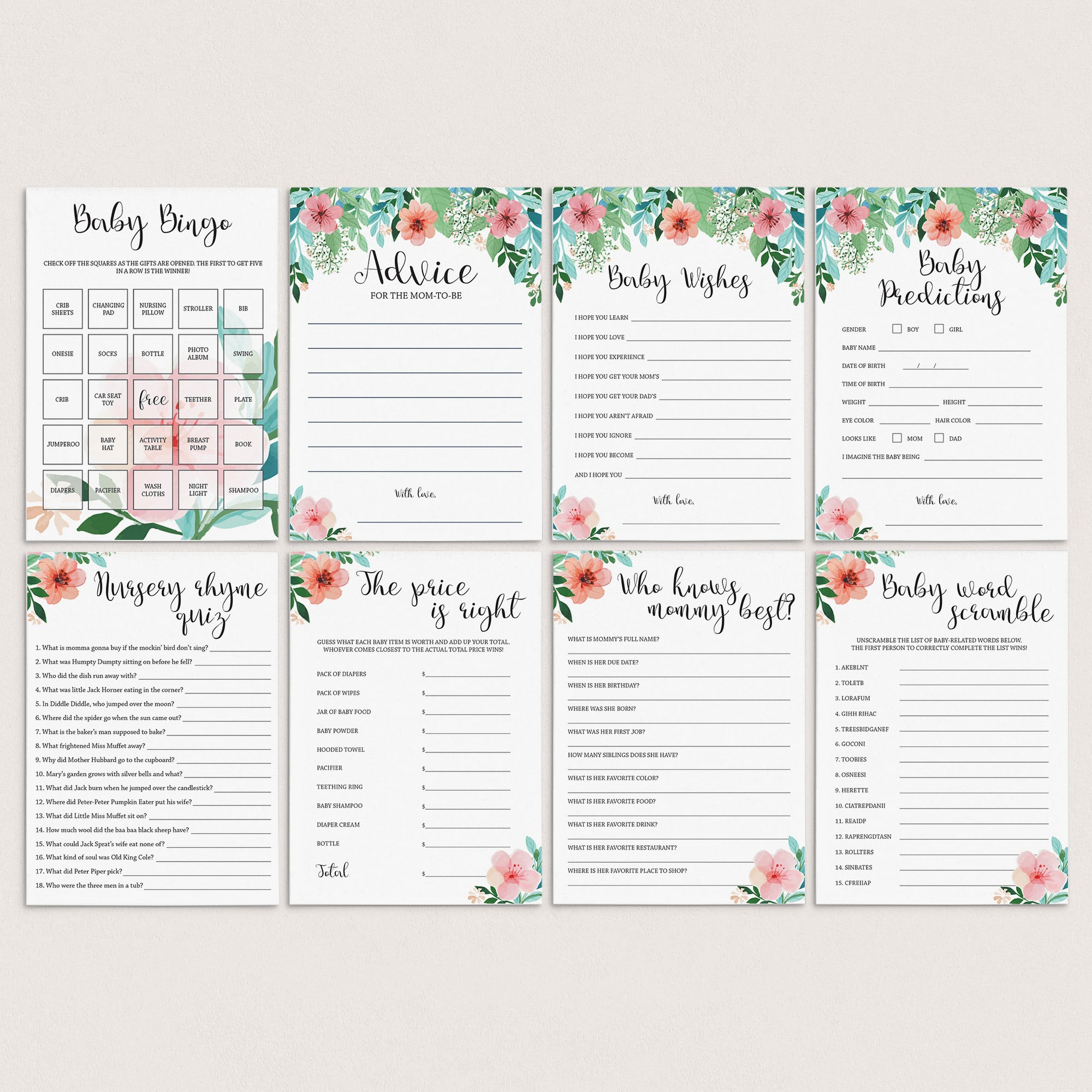 Floral printable baby shower games by LittleSizzle