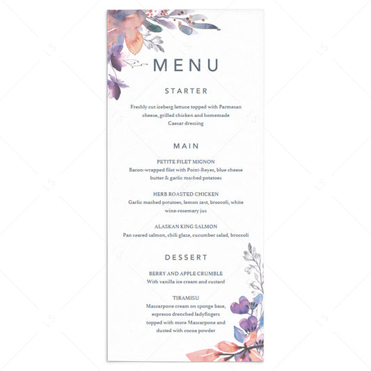 Purple floral menu card template DIY by LittleSizzle