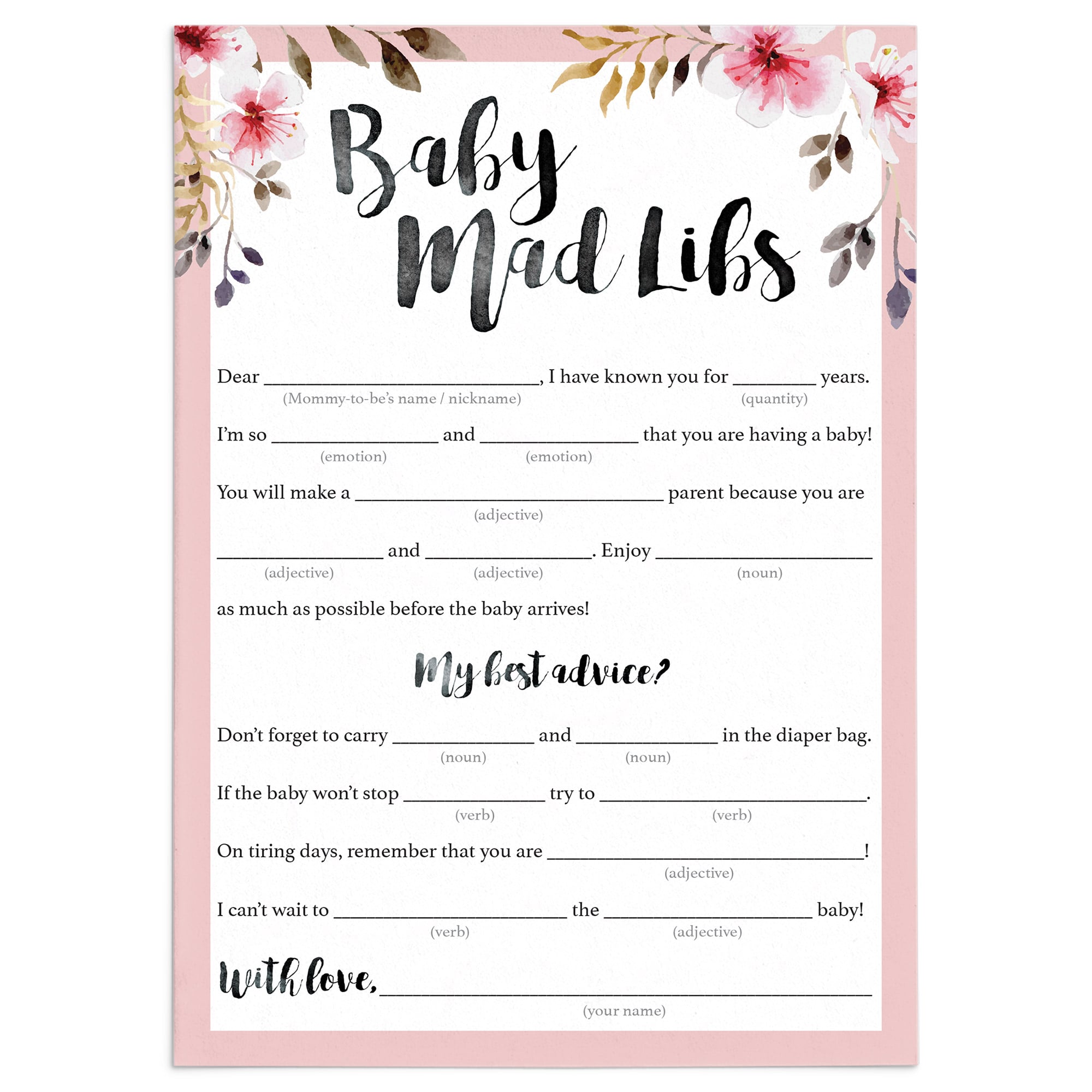 Floral baby mad libs baby shower game printable by LittleSizzle
