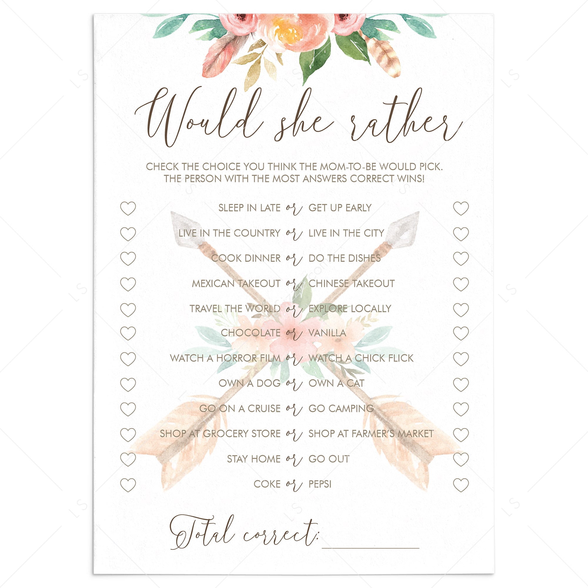 Printable Would She Rather Mommy Quiz Tribal Theme by LittleSizzle