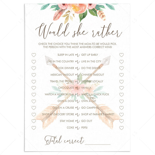 Printable Would She Rather Mommy Quiz Tribal Theme by LittleSizzle