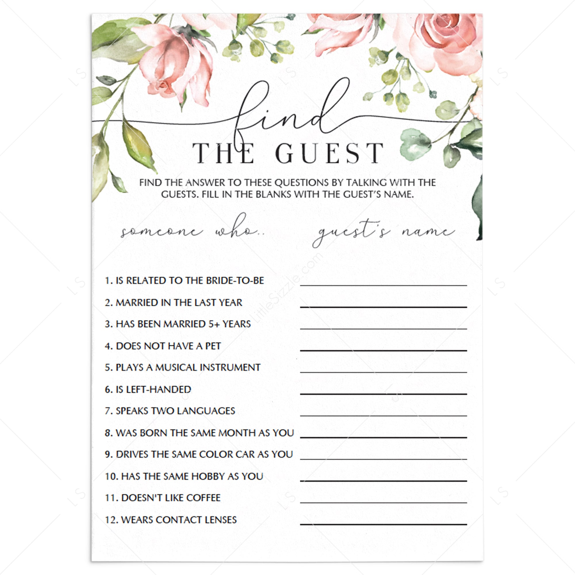 floral bridal shower mingling games download by LittleSizzle