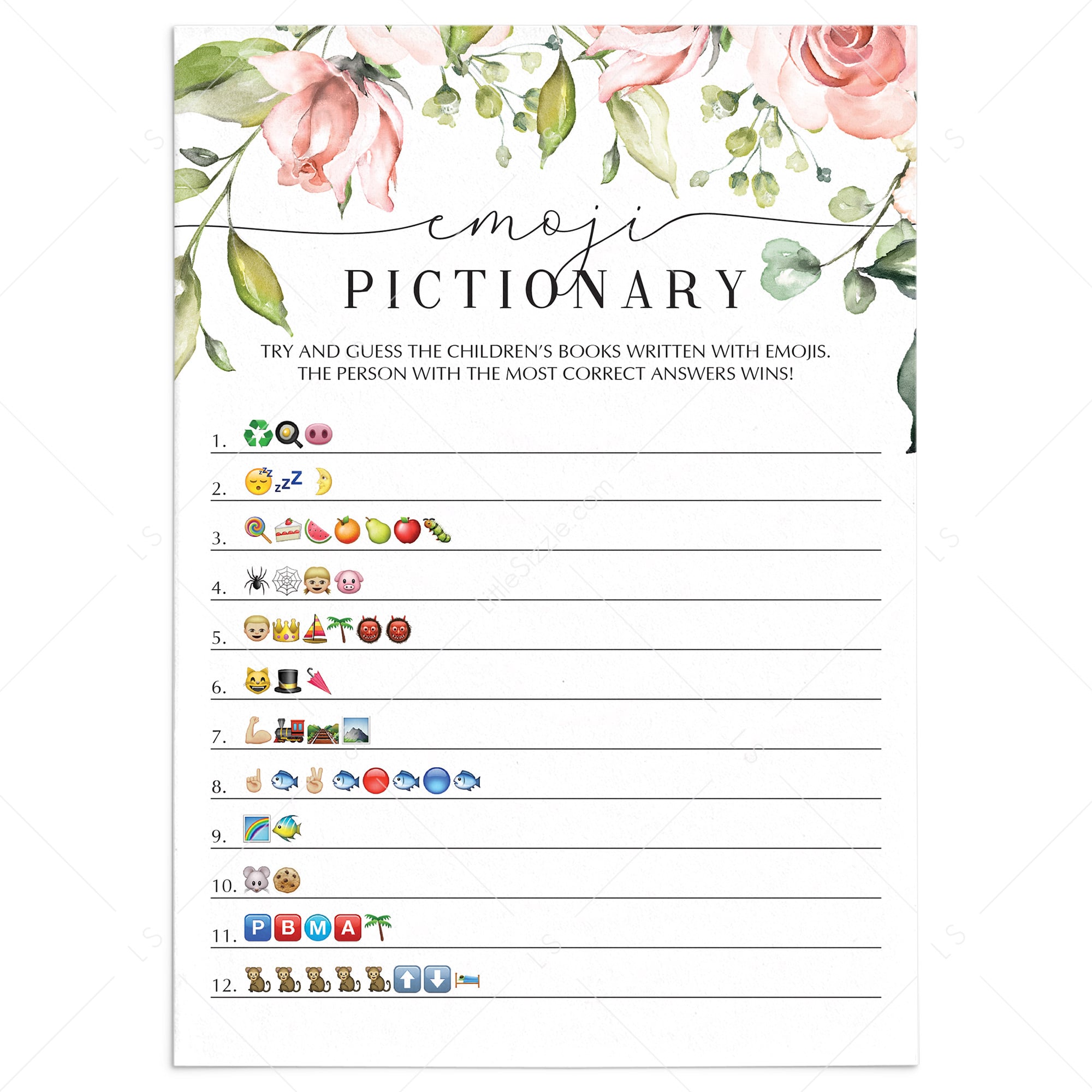 Floral baby shower emoji game printable by LittleSizzle