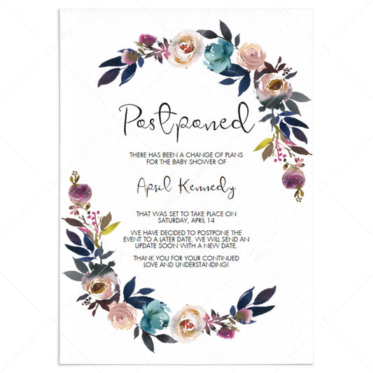 Postponed Baby Shower Card with Floral Wreath Editable Template by LittleSizzle