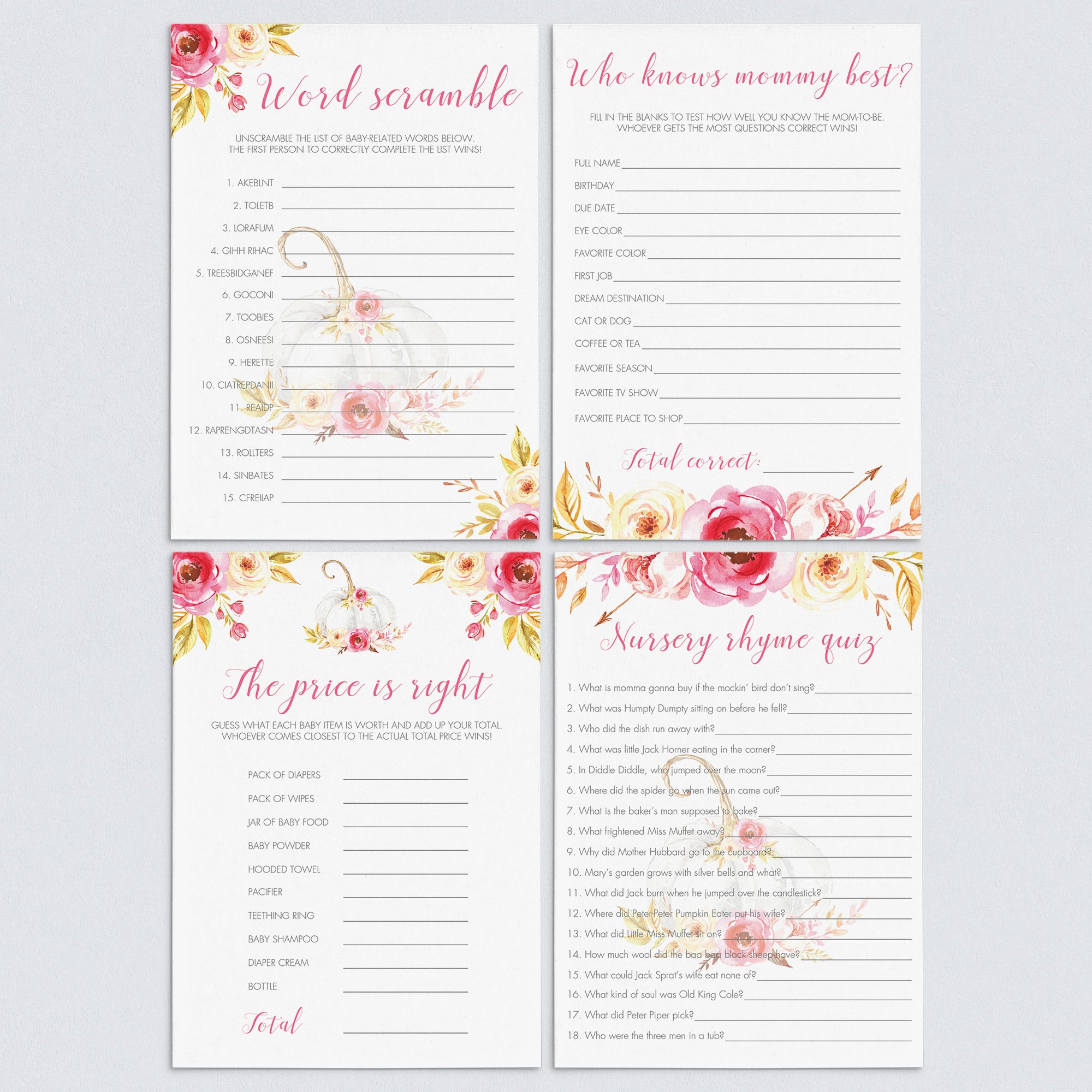 Pumpkin baby shower games pack for girl by LittleSizzle