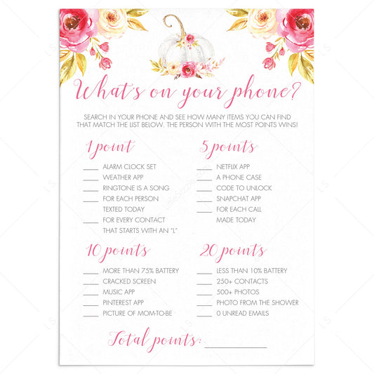 Whats In Your Phone Game Printable Fall Baby Shower by LittleSizzle