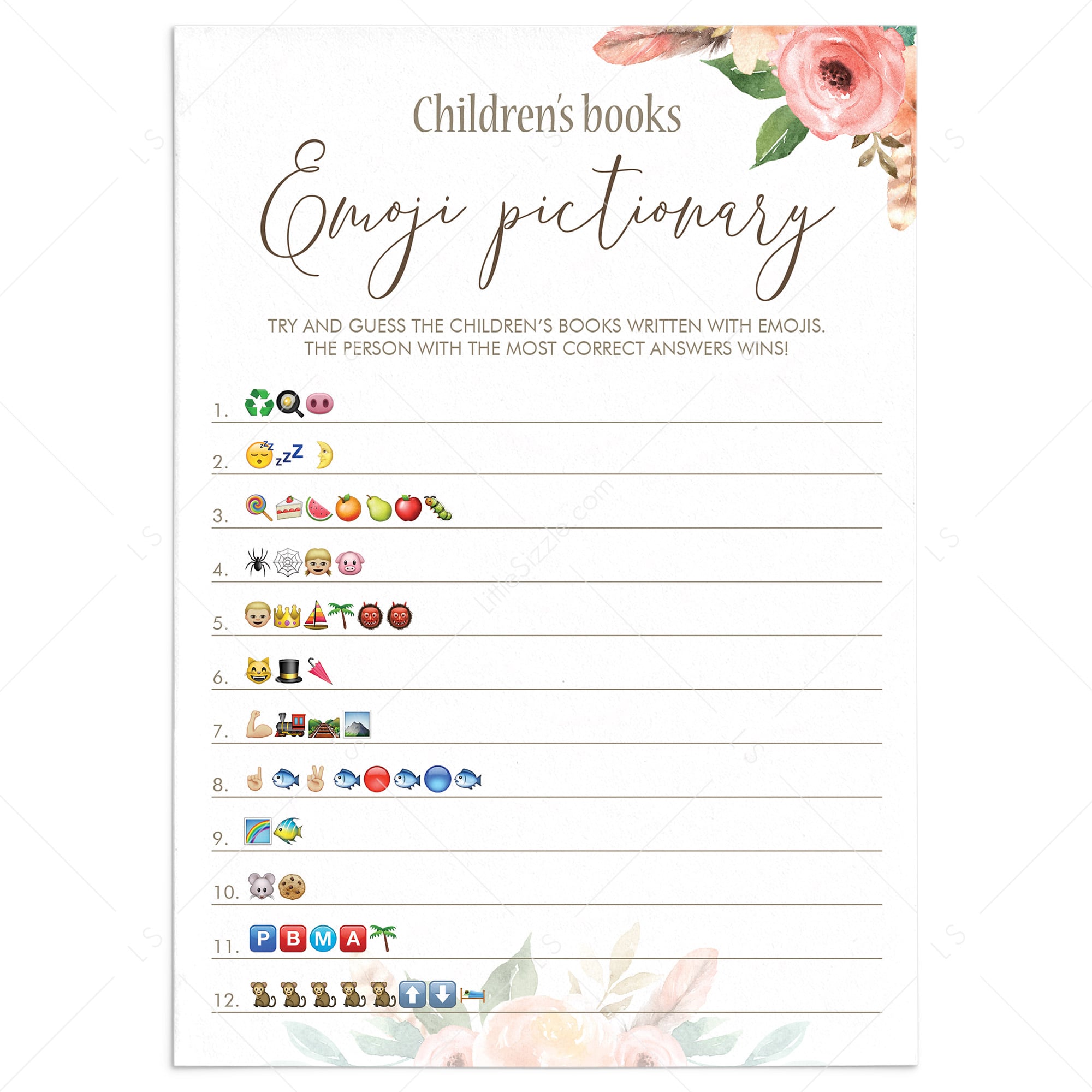 Floral Baby Shower Game Emoji Pictionary Printable by LittleSizzle