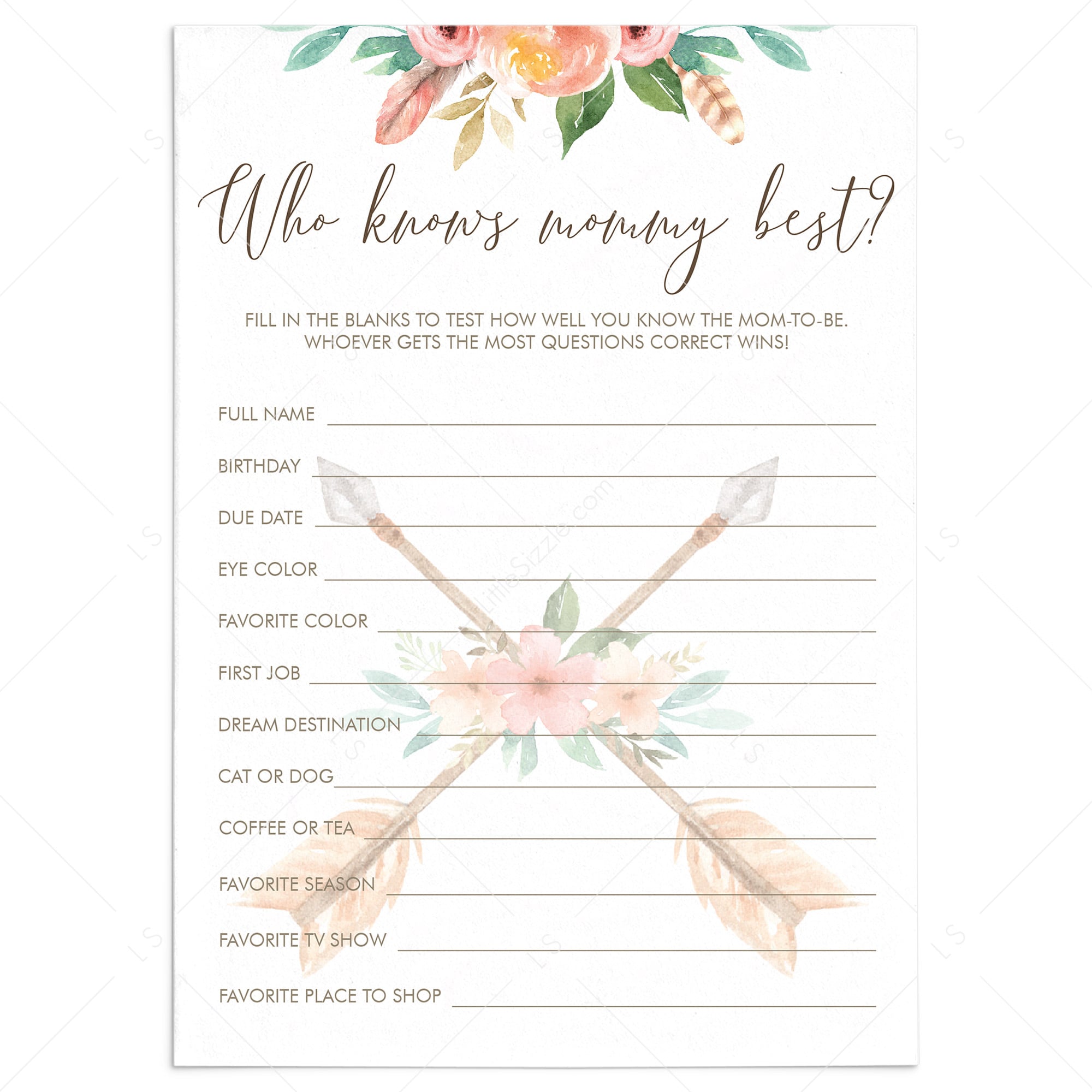 Tribal Baby Shower Game Who Knows Mommy Best with Pink Flowers by LittleSizzle