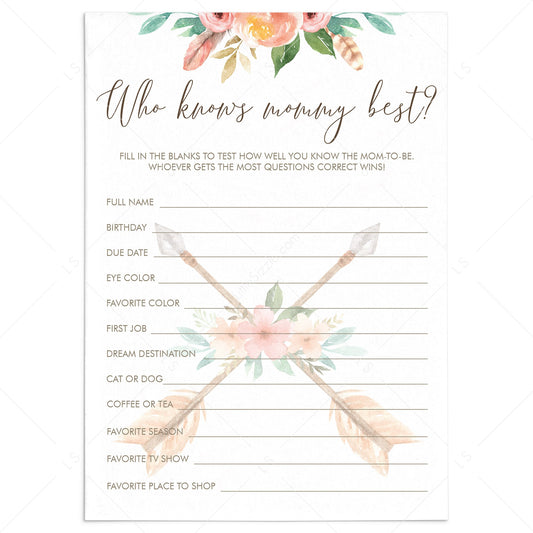 Tribal Baby Shower Game Who Knows Mommy Best with Pink Flowers by LittleSizzle