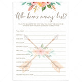 Tribal Baby Shower Game Who Knows Mommy Best with Pink Flowers by LittleSizzle