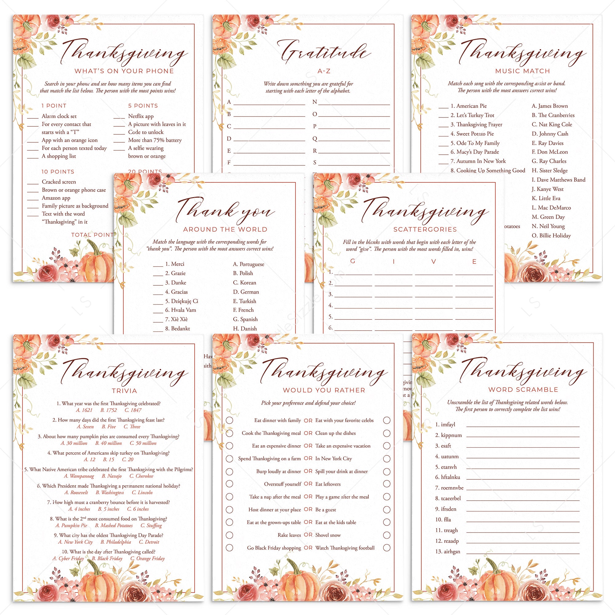Floral Pumpkin Thanksgiving Games and Activities Printable by LittleSizzle