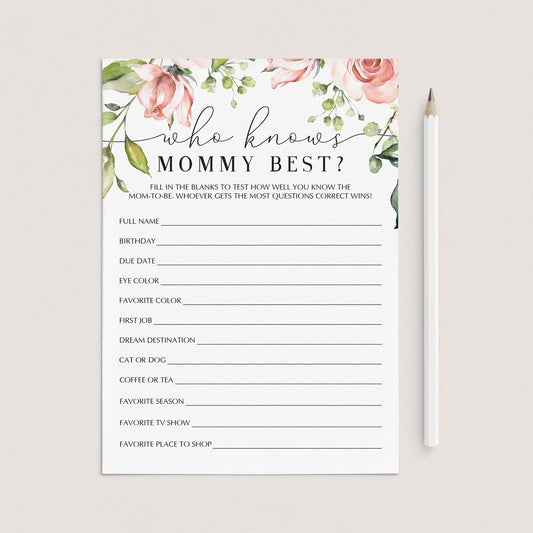 Printable blush baby shower game who knows mom best by LittleSizzle