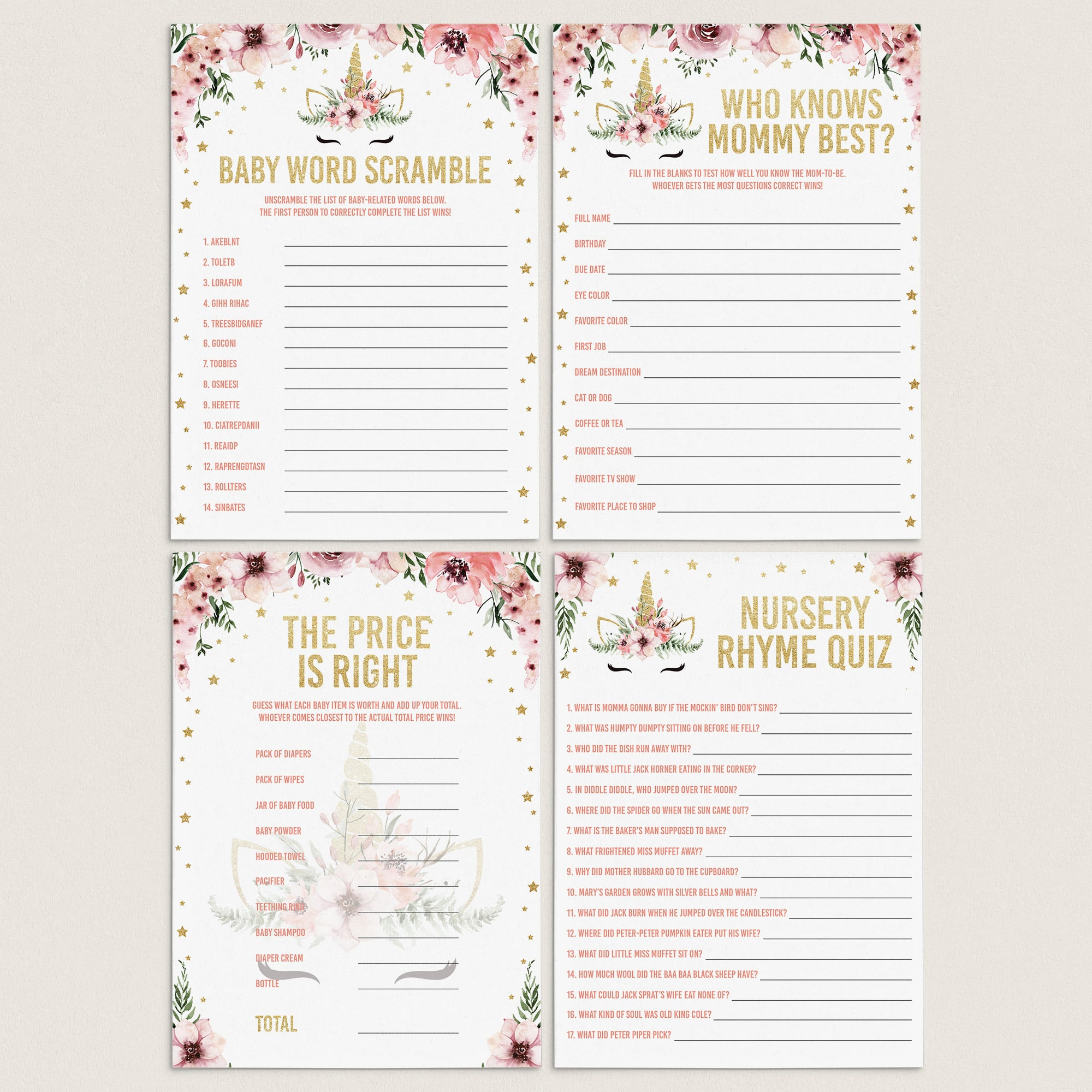 Unicorn babyshower games package printable by LittleSizzle