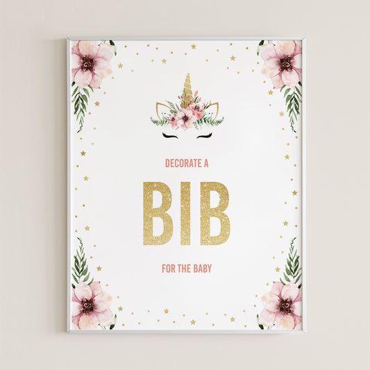 Pink and gold unicorn baby shower decorations bib decorating station by LittleSizzle