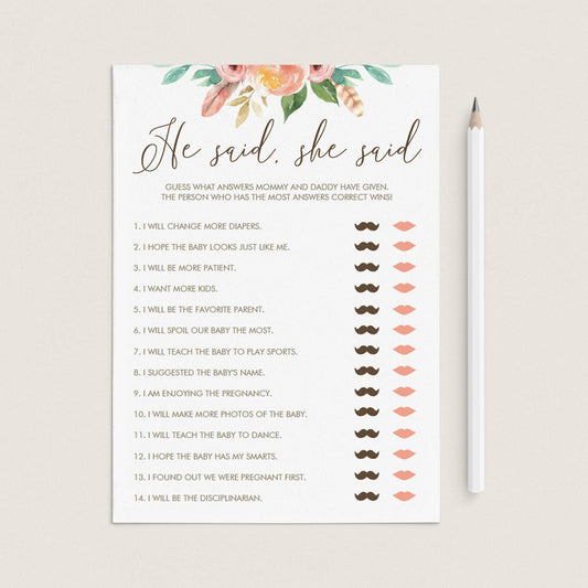 Printable He Said She Said Game for Baby Shower