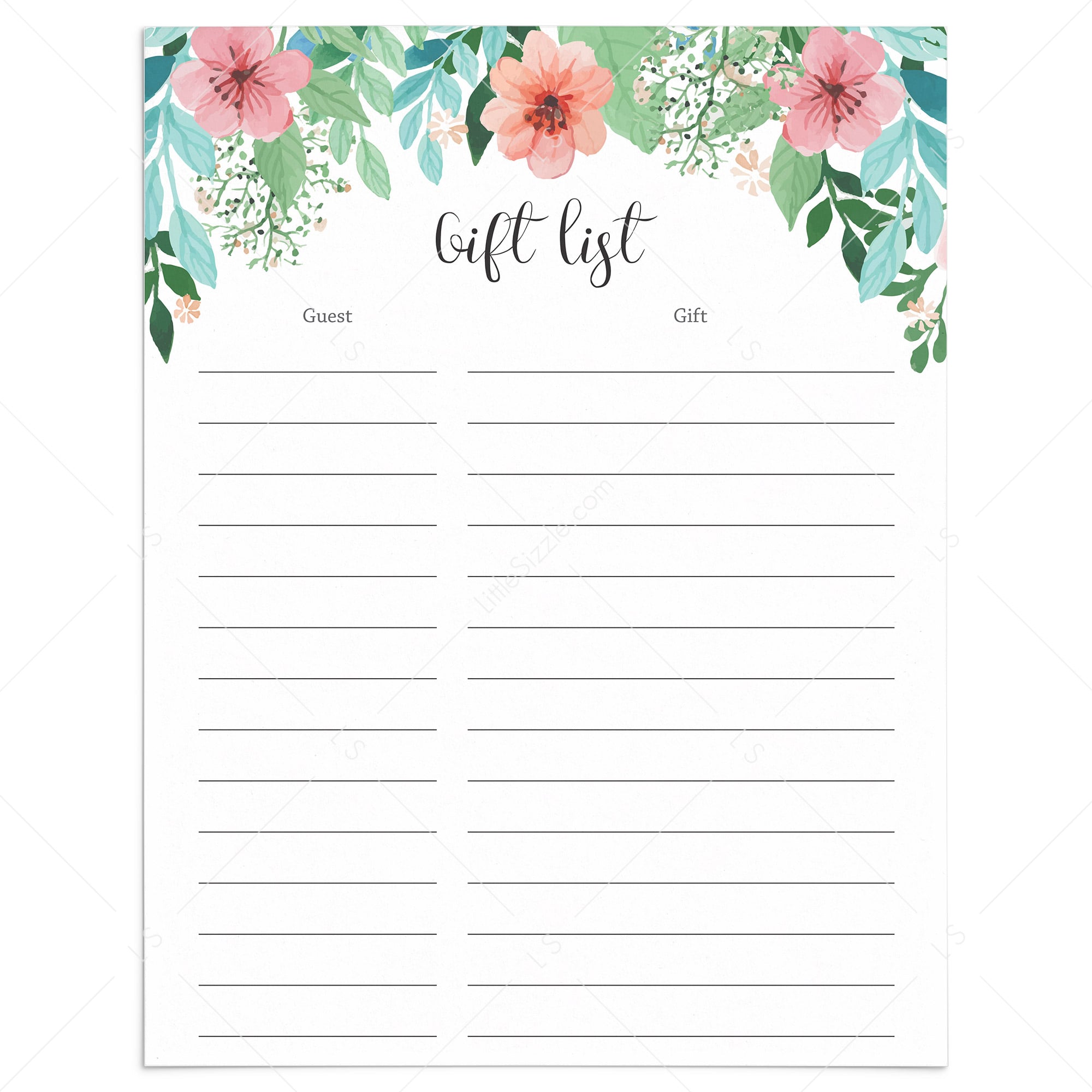 Floral Garden Baby Shower Gift List Instant Download by LittleSizzle