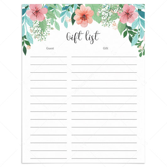 Floral Garden Baby Shower Gift List Instant Download by LittleSizzle