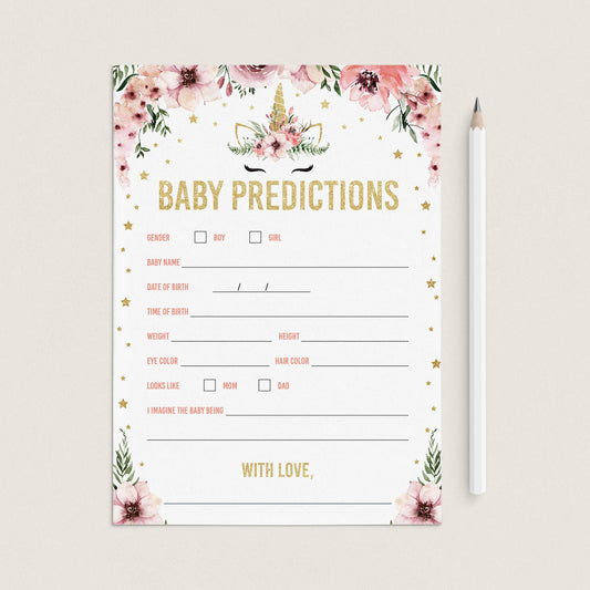 Printable floral unicorn baby predictions game by LittleSizzle