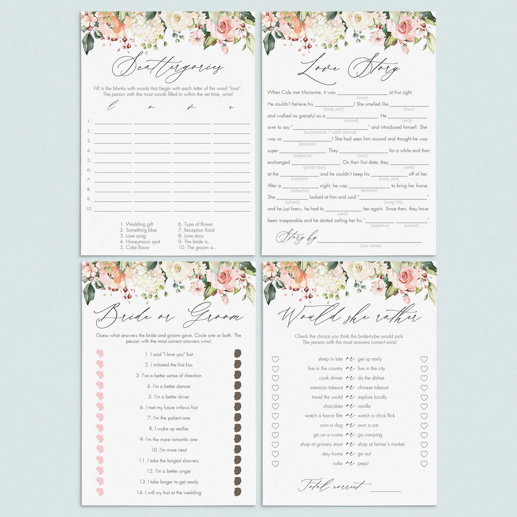 Watercolor floral bridal shower games package by LittleSizzle