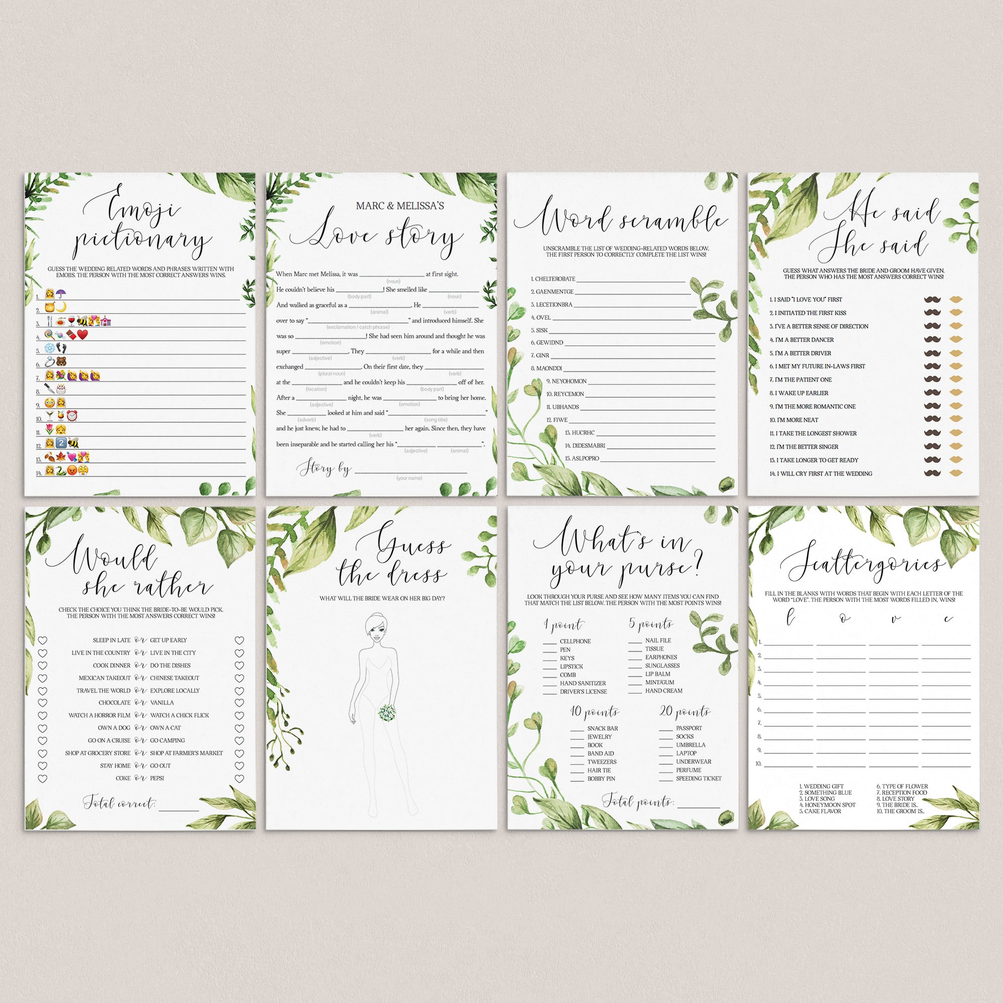 forest wedding shower games bundle instant downloads