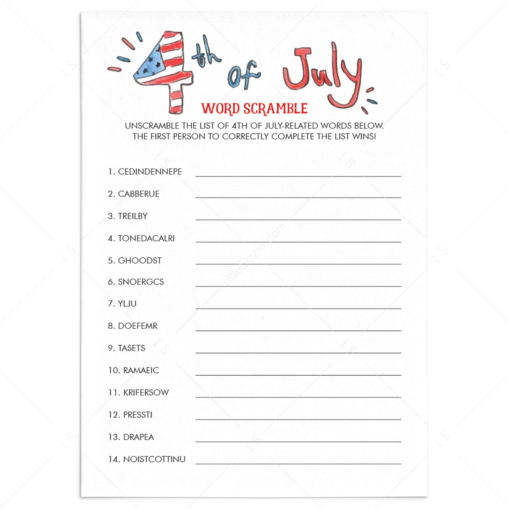 4th of July Game for Kids Word Scramble Printable by LittleSizzle