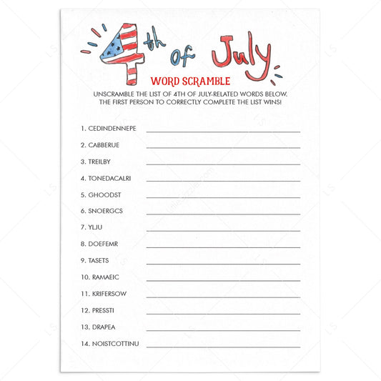 4th of July Game for Kids Word Scramble Printable by LittleSizzle