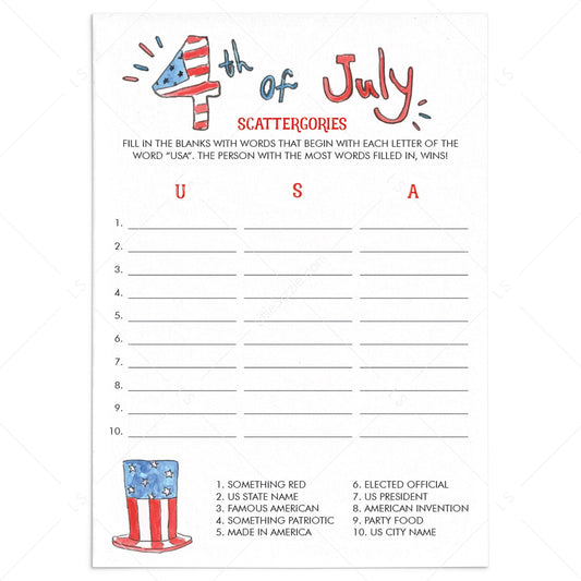 4th of July Scattergories Printable by LittleSizzle