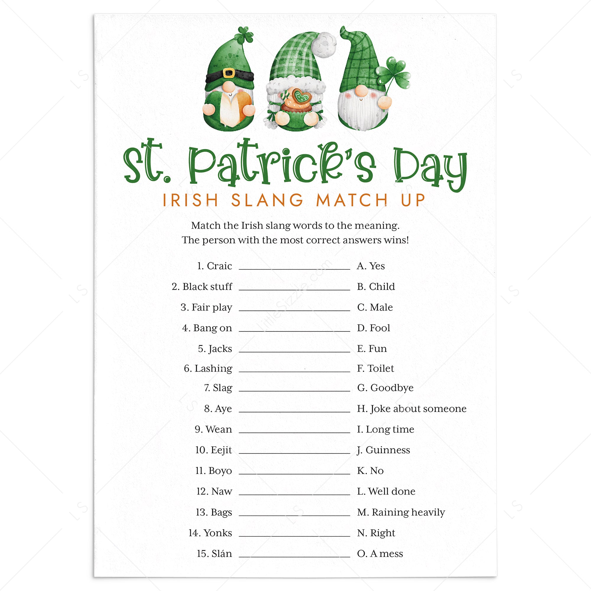 Fun St Patrick's Day Game Irish Slang Words Match Up with Answers by LittleSizzle