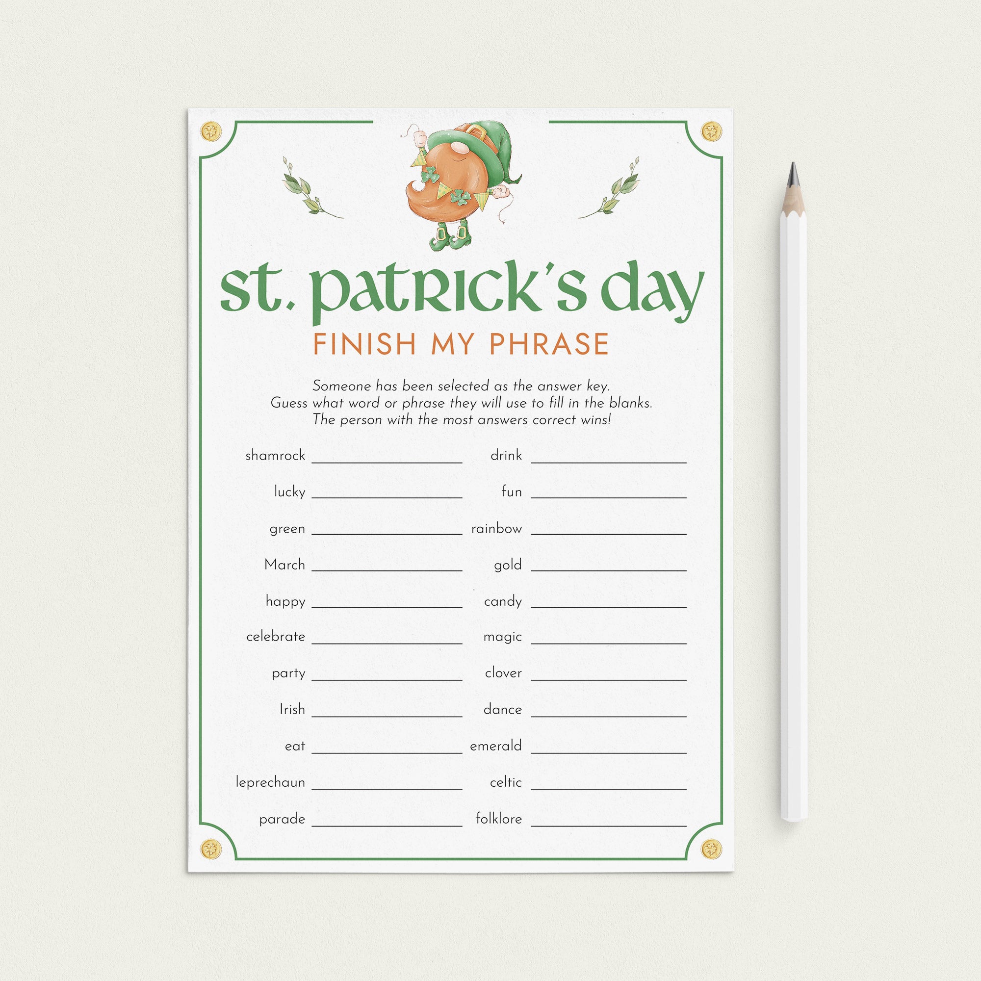 Printable St Patricks Game Finish My Phrase by LittleSizzle
