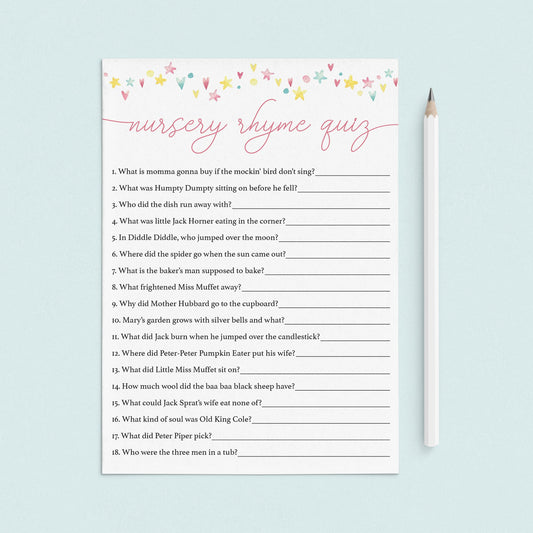 Printable Nursery Rhyme Quiz for Girl Baby Shower