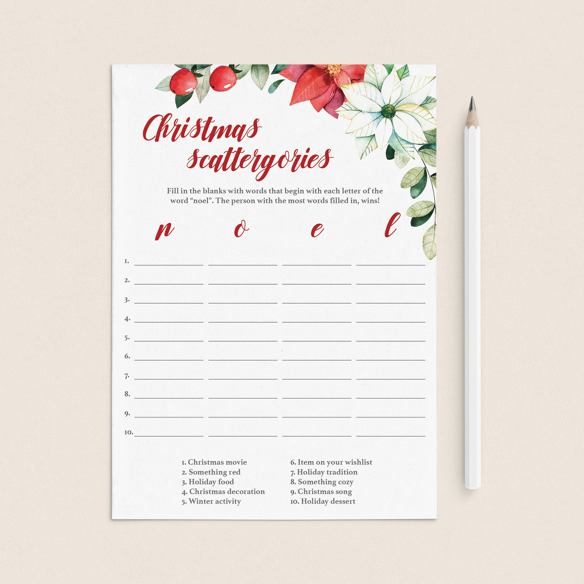Floral Christmas Party Game Scattergories by LittleSizzle