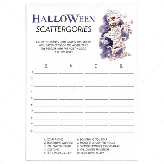 Mummy Halloween Party Game Scattergories Printable by LittleSizzle