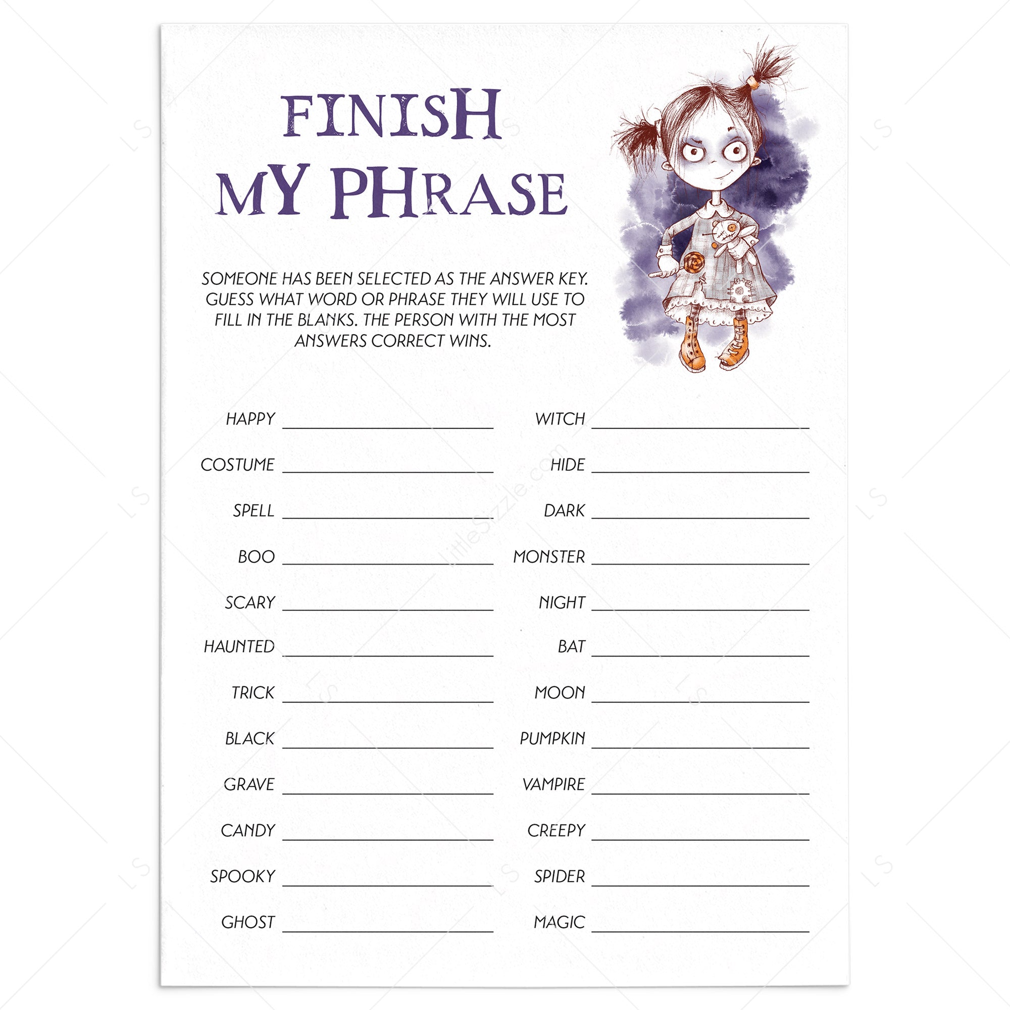 Creepy Halloween Game Printable Finish My Phrase by LittleSizzle