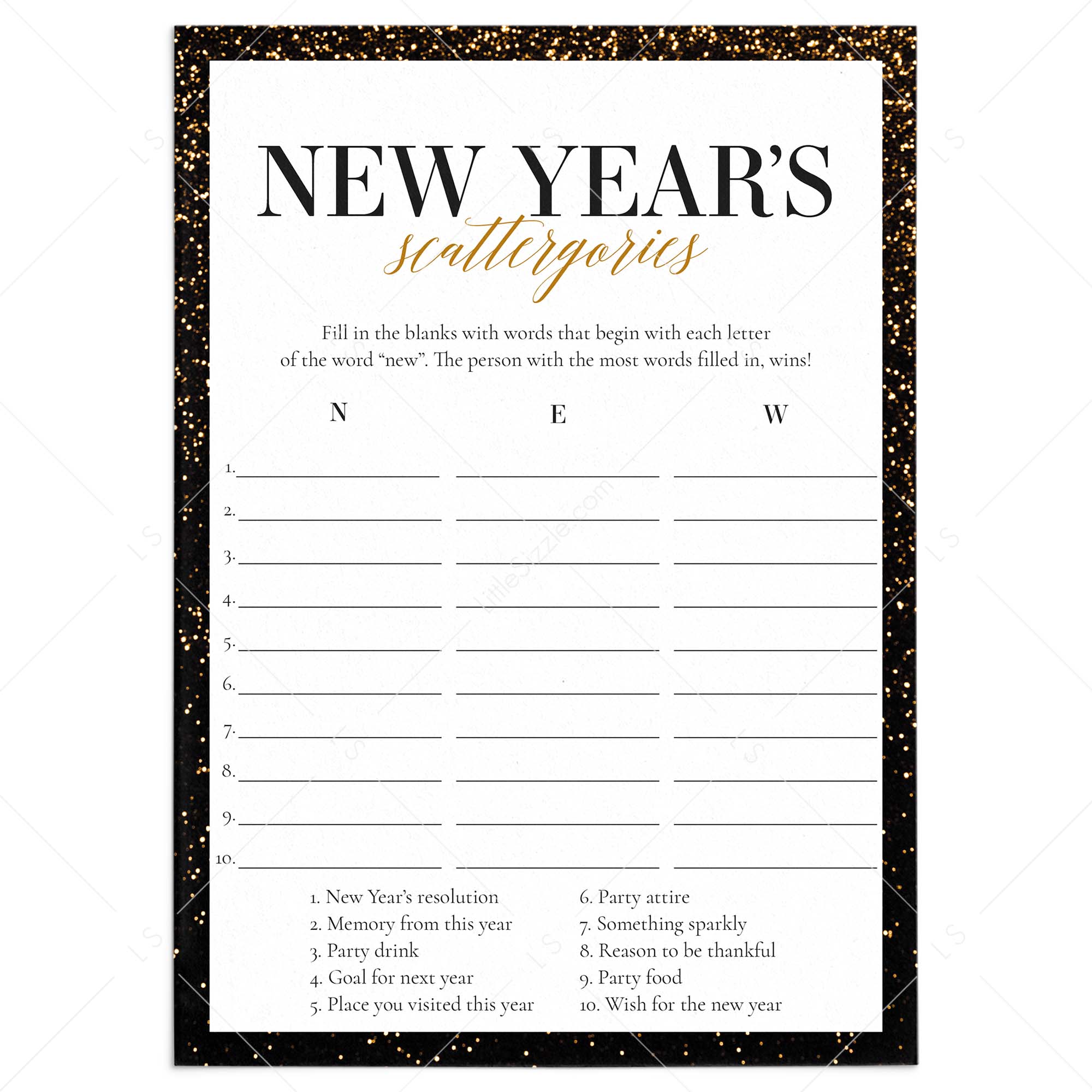Printable New Year Game for Family Scattergories by LittleSizzle