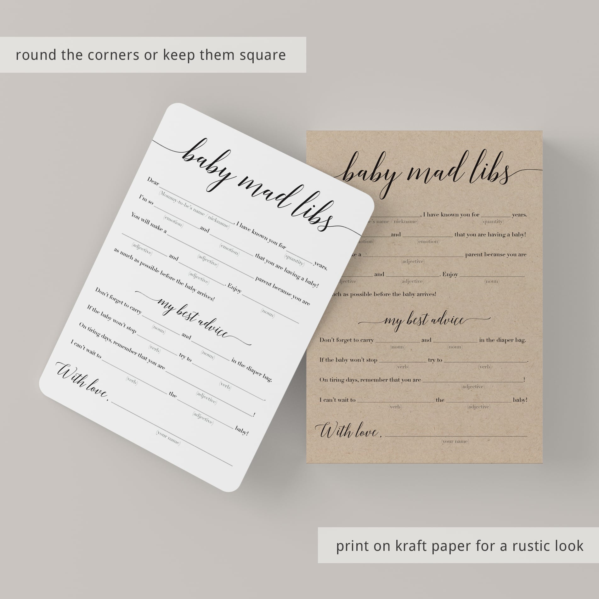 Rustic baby shower mad libs game by LittleSizzle