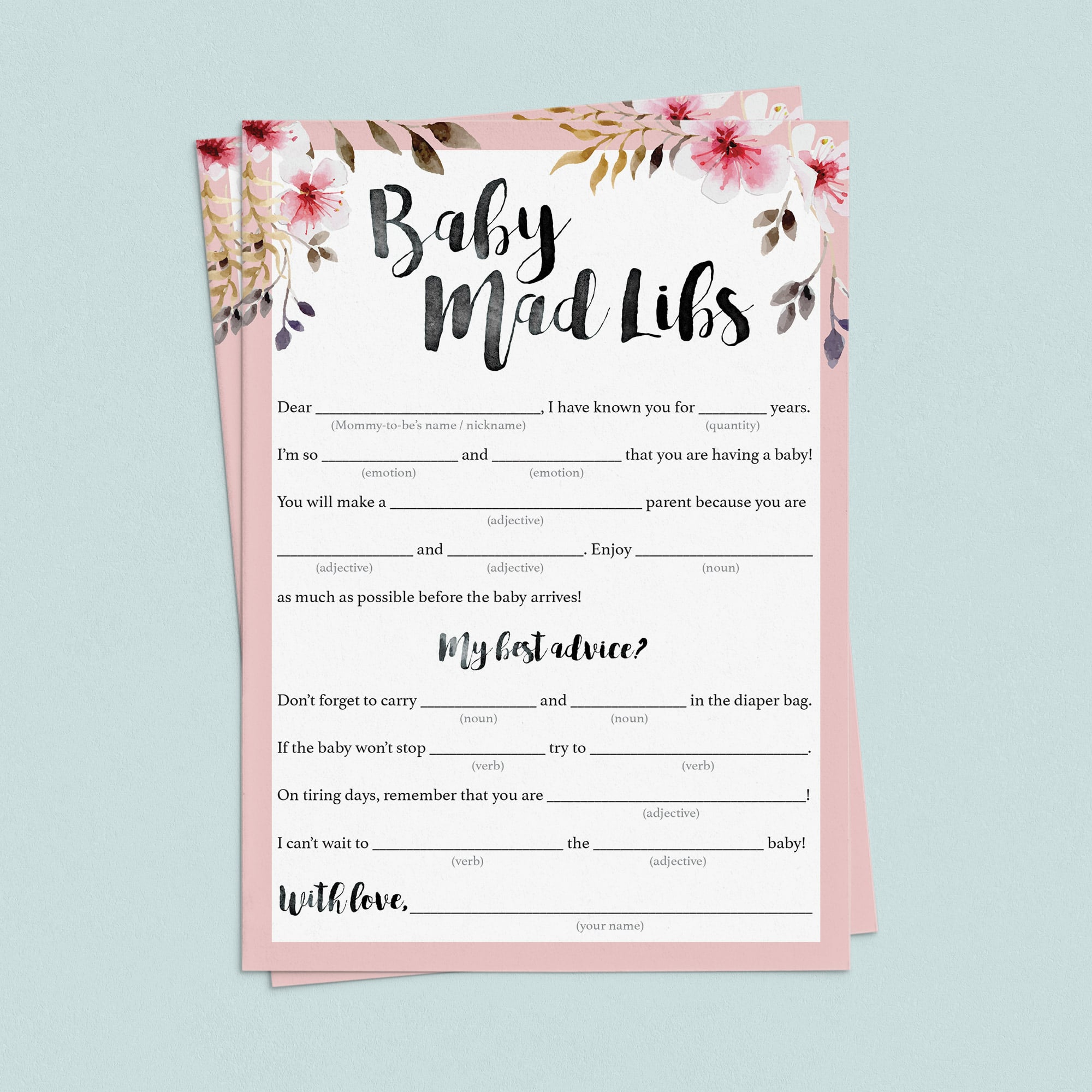 Floral baby mad libs baby shower game printable by LittleSizzle