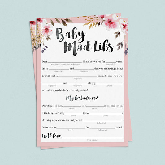 Floral baby mad libs baby shower game printable by LittleSizzle