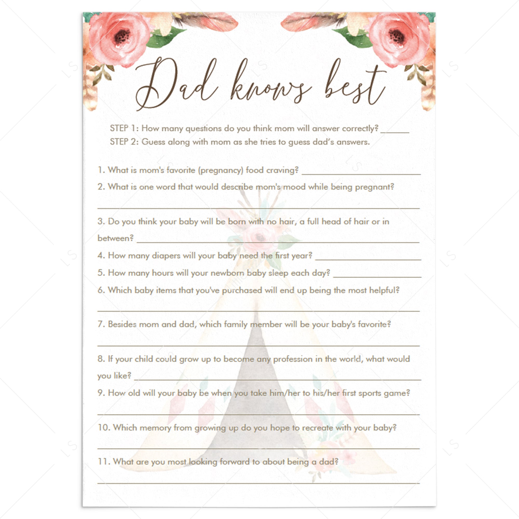 Boho Baby Shower Ice Breaker Game Dad Knows Best by LittleSizzle