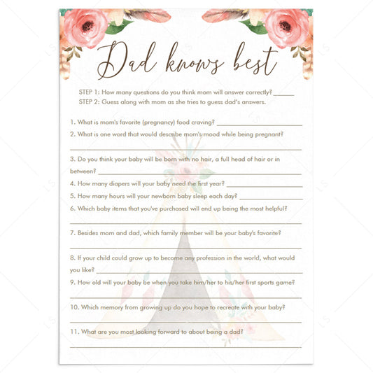 Boho Baby Shower Ice Breaker Game Dad Knows Best by LittleSizzle