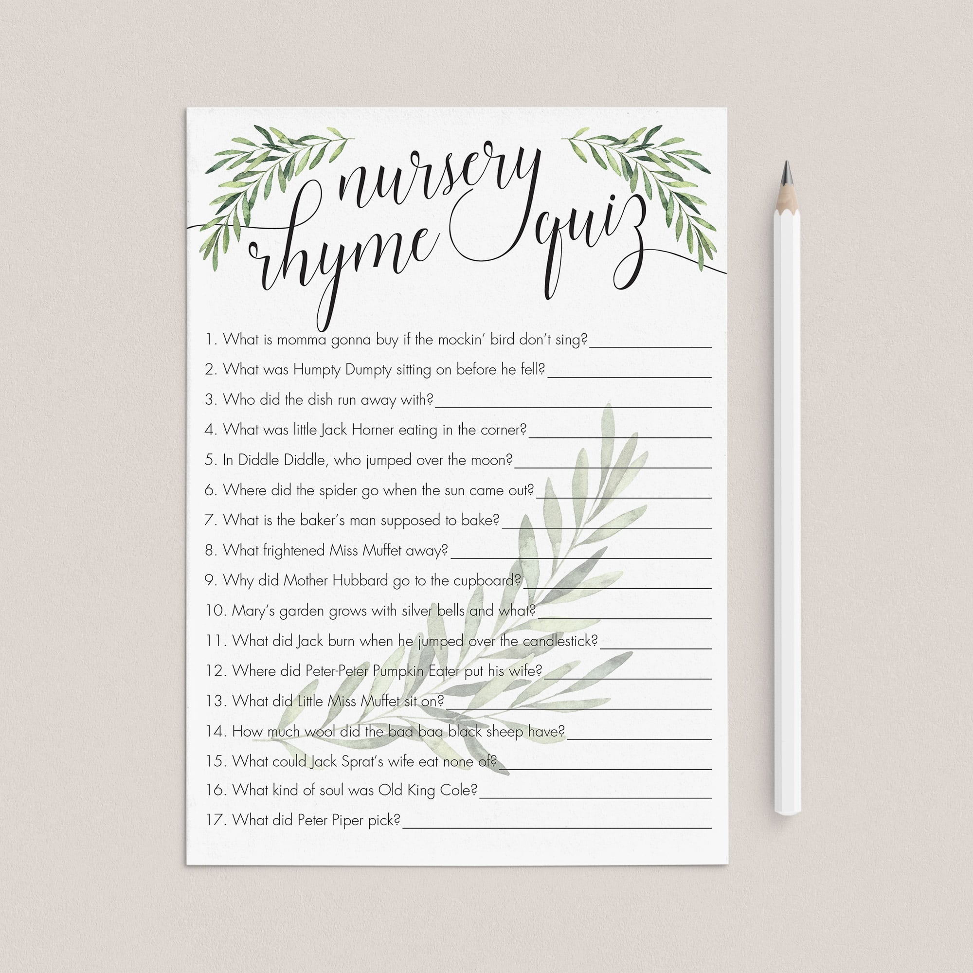 Baby Nursery Rhyme Quiz Printable Green Leaves by LittleSizzle