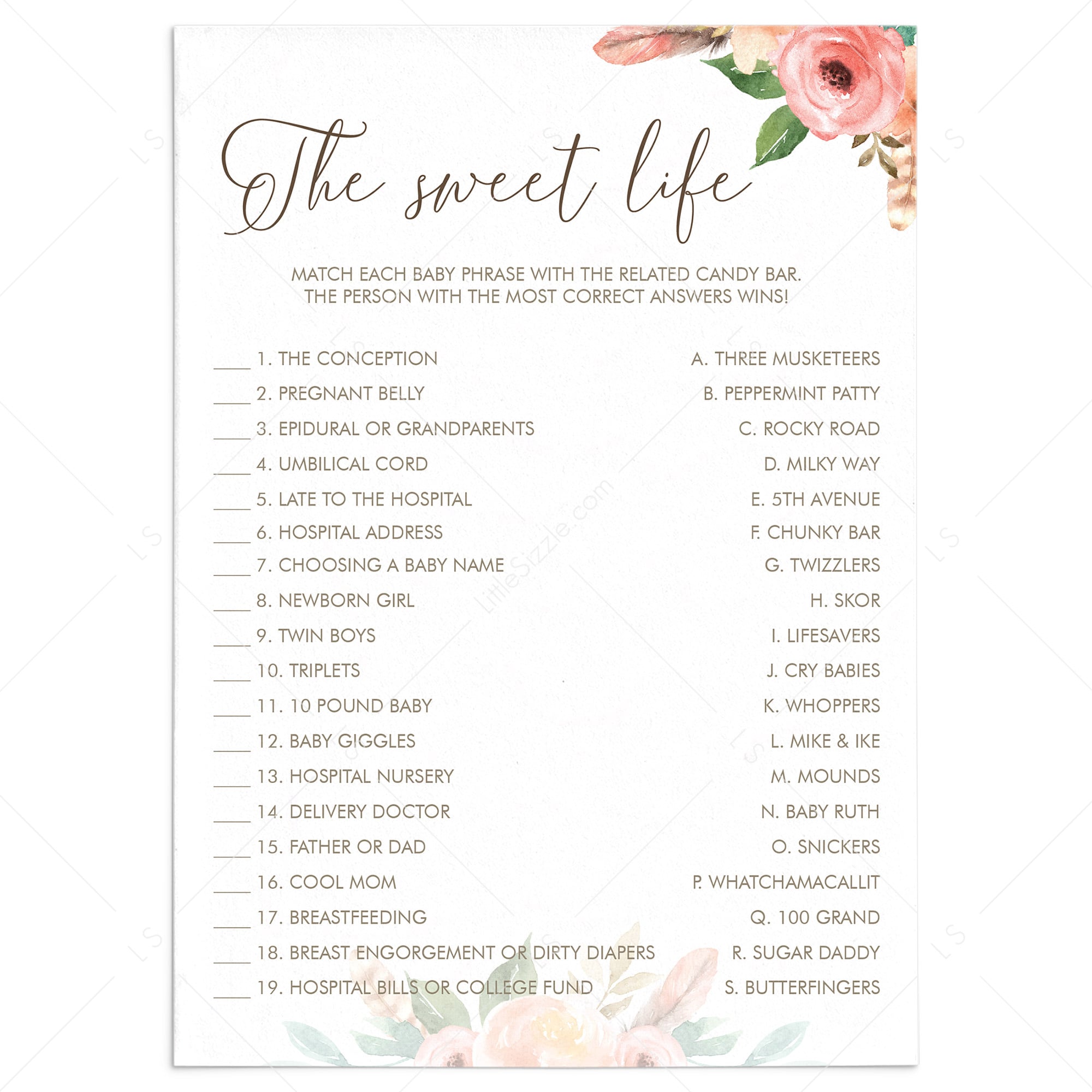 Girl Baby Shower Sweet Candy Bar Game Printable by LittleSizzle