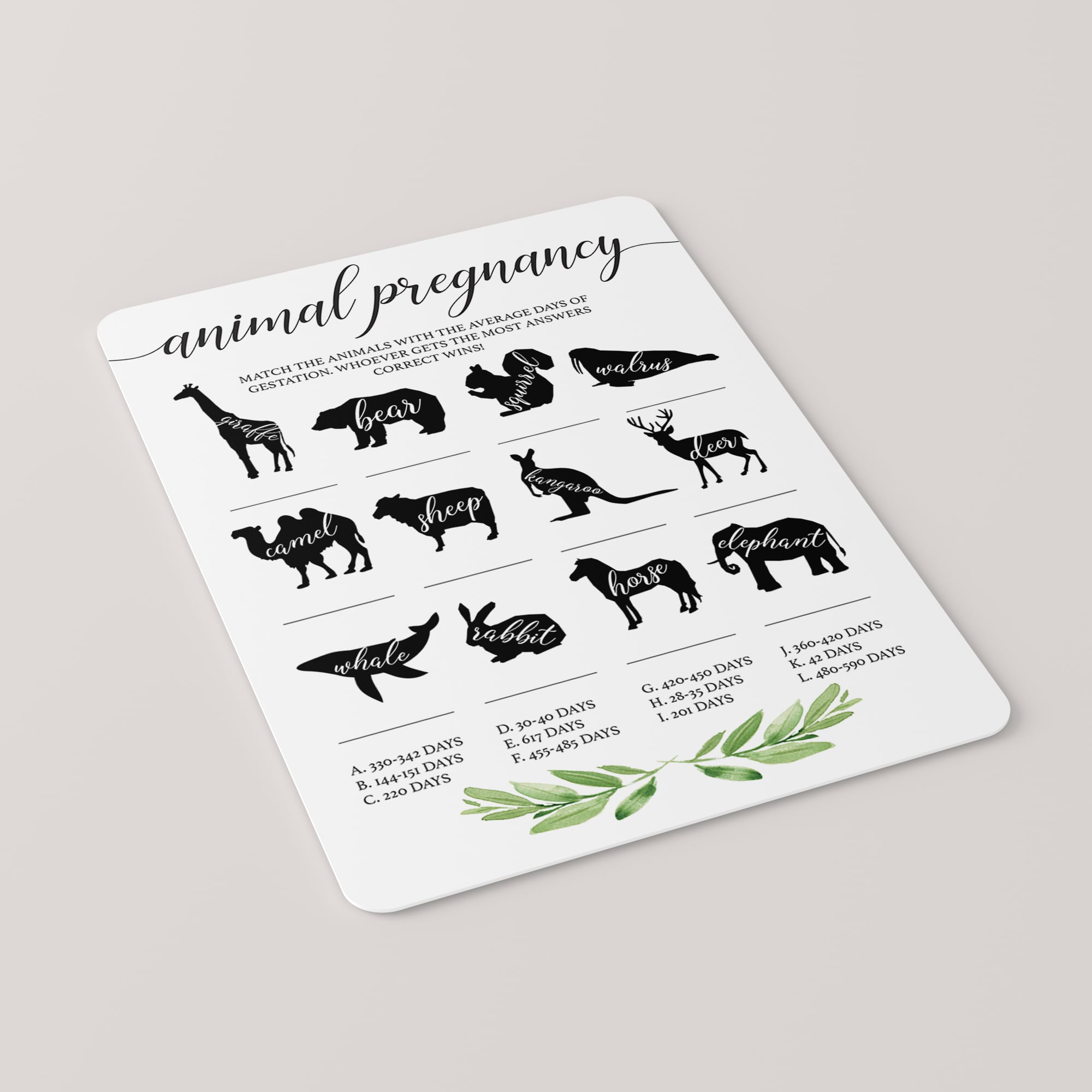 Animal pregnancy quiz printable by LittleSizzle
